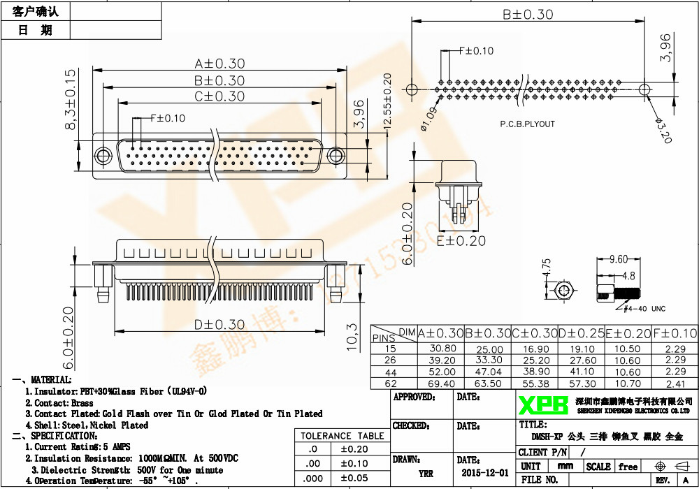 DMSH-XP 公頭 三排 鉚魚叉連接器規格書